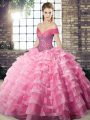 Cute Rose Pink Sleeveless Organza Brush Train Lace Up Quinceanera Dress for Military Ball and Sweet 16 and Quinceanera