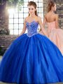 Custom Made Tulle Sweetheart Sleeveless Brush Train Lace Up Beading Sweet 16 Dress in Blue
