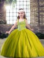 Straps Sleeveless Little Girls Pageant Gowns Floor Length Beading Olive Green Tulle
