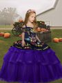 Amazing Purple Little Girls Pageant Dress Party and Wedding Party with Embroidery and Ruffles Straps Sleeveless Lace Up