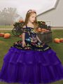 Amazing Purple Little Girls Pageant Dress Party and Wedding Party with Embroidery and Ruffles Straps Sleeveless Lace Up