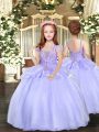 Lavender Ball Gowns Organza Straps Sleeveless Beading Floor Length Lace Up Kids Formal Wear