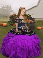 Fashionable Floor Length Eggplant Purple and Purple Little Girl Pageant Dress Organza Sleeveless Embroidery and Ruffles