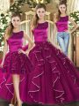 New Style Scoop Sleeveless Quinceanera Dresses Floor Length Ruffles Fuchsia Tulle