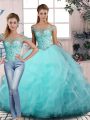Exceptional Aqua Blue Lace Up Off The Shoulder Beading and Ruffles Ball Gown Prom Dress Tulle Sleeveless