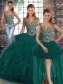 Tulle Straps Sleeveless Lace Up Beading and Ruffles 15 Quinceanera Dress in Peacock Green
