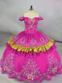 Fuchsia Off The Shoulder Neckline Embroidery Quinceanera Gowns Sleeveless Side Zipper
