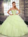 Yellow Tulle Lace Up Quinceanera Gown Sleeveless Brush Train Beading and Ruffled Layers