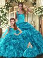 Fancy Teal Ball Gowns Halter Top Sleeveless Organza Floor Length Lace Up Ruffles and Pick Ups Quinceanera Gowns
