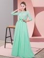 Exceptional Apple Green 3 4 Length Sleeve Lace and Belt Floor Length Wedding Party Dress