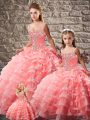 Custom Design Lace Up Quinceanera Gowns Watermelon Red for Sweet 16 and Quinceanera with Beading and Ruffled Layers Court Train