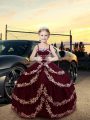 Modern Floor Length Burgundy Child Pageant Dress Satin Sleeveless Embroidery