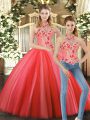 Coral Red Two Pieces Halter Top Sleeveless Tulle Floor Length Lace Up Embroidery Quince Ball Gowns