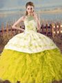 Comfortable Yellow Green and Yellow Lace Up Quinceanera Dresses Embroidery and Ruffles Sleeveless Court Train