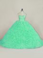 Fabulous Green Ball Gowns Sweetheart Sleeveless Fabric With Rolling Flowers Court Train Lace Up Beading and Ruffles Quinceanera Gown