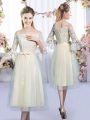 Sumptuous Champagne Empire Off The Shoulder 3 4 Length Sleeve Tulle Tea Length Lace Up Lace and Bowknot Bridesmaids Dress