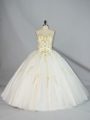 Champagne Quinceanera Gowns Sweet 16 and Quinceanera with Beading Halter Top Sleeveless Lace Up