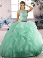 Apple Green Tulle Lace Up Scoop Sleeveless Floor Length 15 Quinceanera Dress Beading and Ruffles