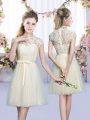 Romantic Champagne Tulle Lace Up Quinceanera Court of Honor Dress Cap Sleeves Mini Length Lace and Bowknot