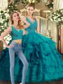 Excellent Backless Quince Ball Gowns Teal for Sweet 16 and Quinceanera with Ruffled Layers Sweep Train