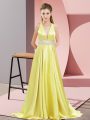 Yellow Sleeveless Elastic Woven Satin Brush Train Backless Prom Evening Gown for Prom and Party