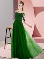 Green Half Sleeves Floor Length Beading and Lace Lace Up Wedding Party Dress