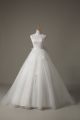 Decent High-neck Sleeveless Tulle Wedding Dresses Beading and Lace and Bowknot Brush Train Lace Up