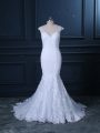 Elegant White Mermaid Tulle V-neck Sleeveless Beading and Lace Clasp Handle Wedding Gowns Brush Train