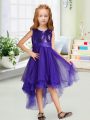 Sleeveless Organza High Low Zipper Flower Girl Dresses for Less in Purple with Sequins and Bowknot