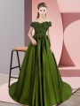 Modest Off The Shoulder Sleeveless Zipper 15th Birthday Dress Olive Green Satin