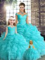 Sleeveless Organza Floor Length Lace Up Sweet 16 Dresses in Aqua Blue with Beading and Ruffles and Pick Ups