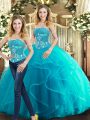 Fantastic Strapless Sleeveless Quinceanera Gown Floor Length Beading and Ruffles Aqua Blue Tulle