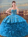 Comfortable Baby Blue Sleeveless Brush Train Embroidery and Ruffles Floor Length 15 Quinceanera Dress