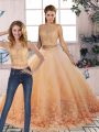 Customized Peach Two Pieces Tulle Scalloped Sleeveless Lace Backless Quinceanera Gowns Sweep Train