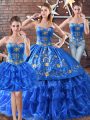 Fashion Sweetheart Sleeveless Vestidos de Quinceanera Floor Length Embroidery and Ruffled Layers Blue Organza