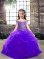 Nice Off The Shoulder Sleeveless Kids Formal Wear Floor Length Beading and Ruffles Purple Tulle