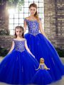 Nice Royal Blue Sleeveless Floor Length Beading Lace Up Vestidos de Quinceanera
