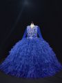 Admirable Royal Blue Lace Up Ball Gown Prom Dress Beading and Ruffled Layers Long Sleeves Floor Length