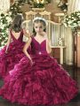 Fuchsia V-neck Neckline Beading and Ruffles and Pick Ups Kids Formal Wear Sleeveless Backless