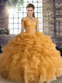 High Class Orange Off The Shoulder Neckline Beading and Ruffles and Pick Ups 15th Birthday Dress Sleeveless Lace Up