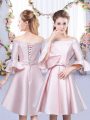 Dazzling Baby Pink 3 4 Length Sleeve Satin Lace Up Bridesmaid Gown for Wedding Party