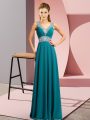Teal Empire Chiffon V-neck Sleeveless Beading Floor Length Lace Up Homecoming Dress