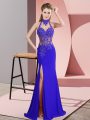 Royal Blue Backless Halter Top Lace and Appliques Prom Gown Chiffon Sleeveless