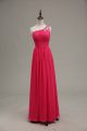 Sleeveless Floor Length Beading and Ruching Zipper Prom Dresses with Hot Pink