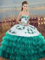 Turquoise Sweetheart Lace Up Embroidery and Ruffled Layers and Bowknot Sweet 16 Dress Sleeveless