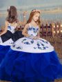 Floor Length Royal Blue Kids Formal Wear Sleeveless Embroidery and Ruffles