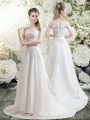 White Tulle Clasp Handle Scoop Long Sleeves Wedding Dress Brush Train Lace