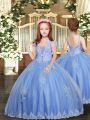 Admirable Baby Blue Sleeveless Floor Length Appliques Lace Up Little Girls Pageant Gowns
