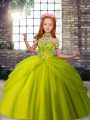 Trendy Halter Top Sleeveless Little Girls Pageant Gowns Floor Length Beading Olive Green Tulle