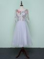 Most Popular Grey Lace Up Scoop Embroidery Bridesmaid Dress Tulle Half Sleeves